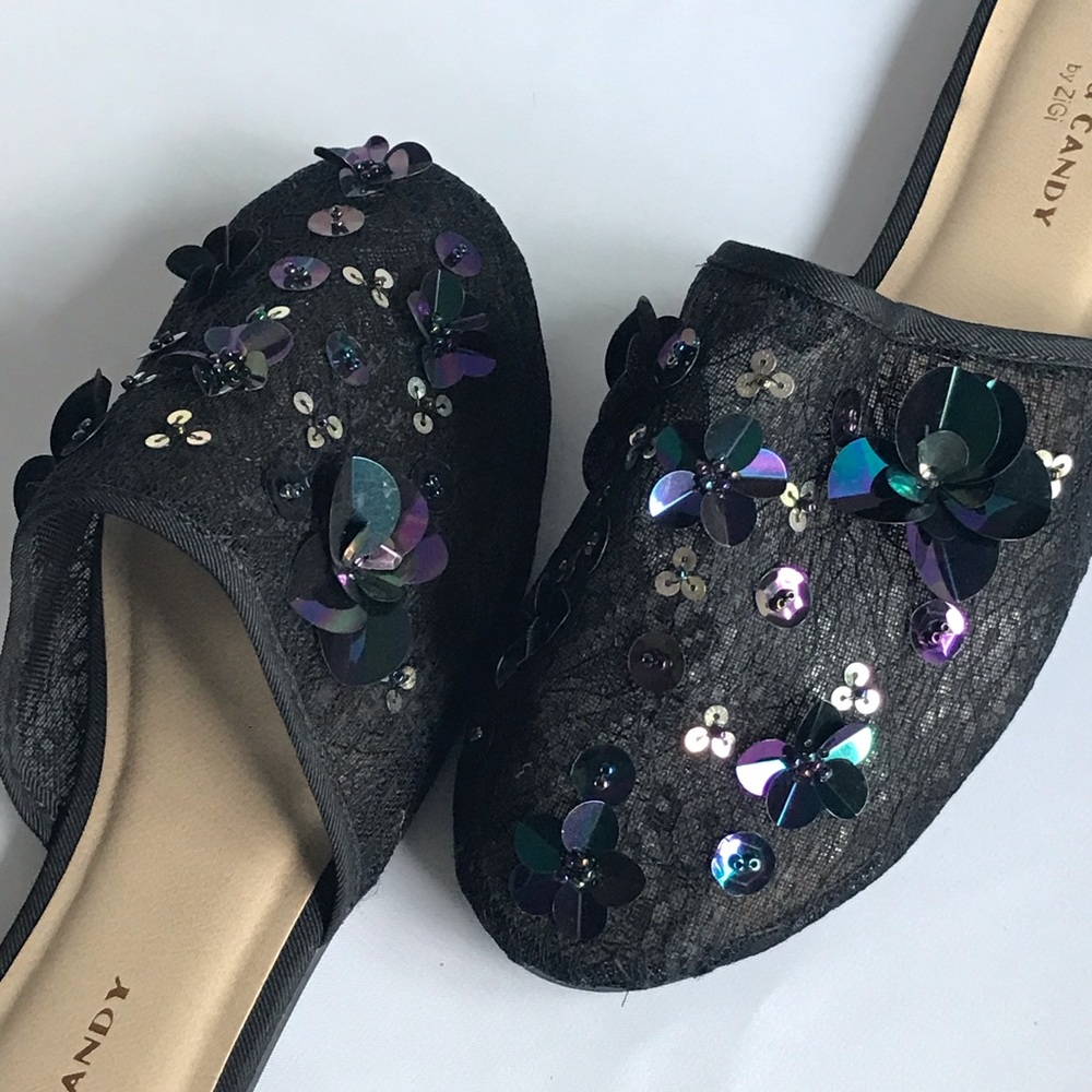 Rock & Candy by Zigi FANCY BLACK SEXY EMBELLISHED SEQUINS FLAT SLIPPERS Sz 8.